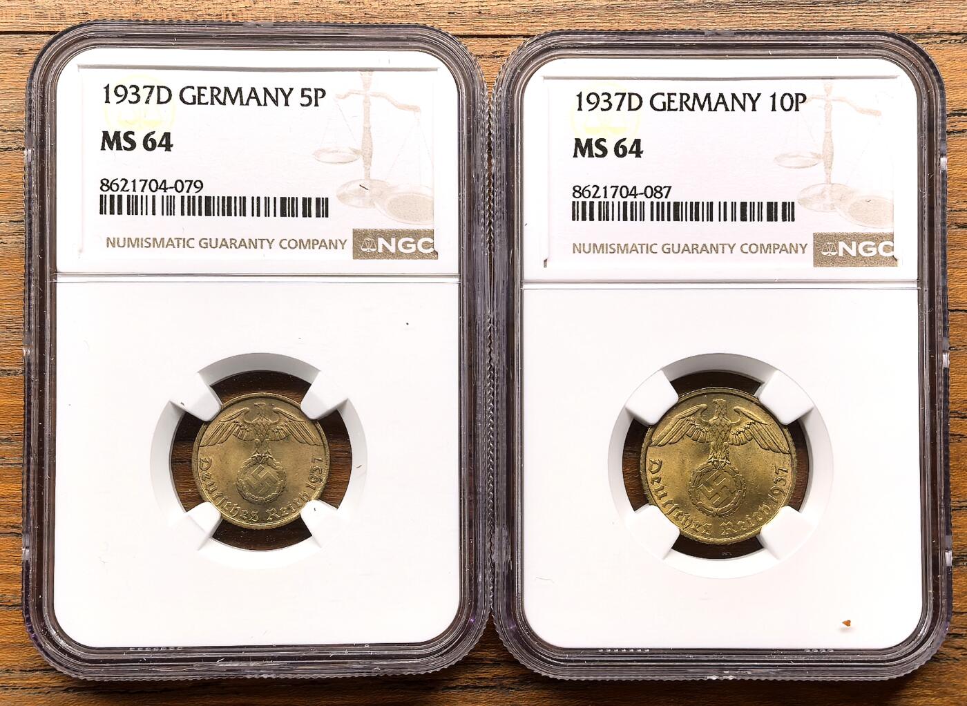 凡希社世界钱币微拍第三百二十二期 1937D德国5/10芬尼铜币一对NGC-MS64