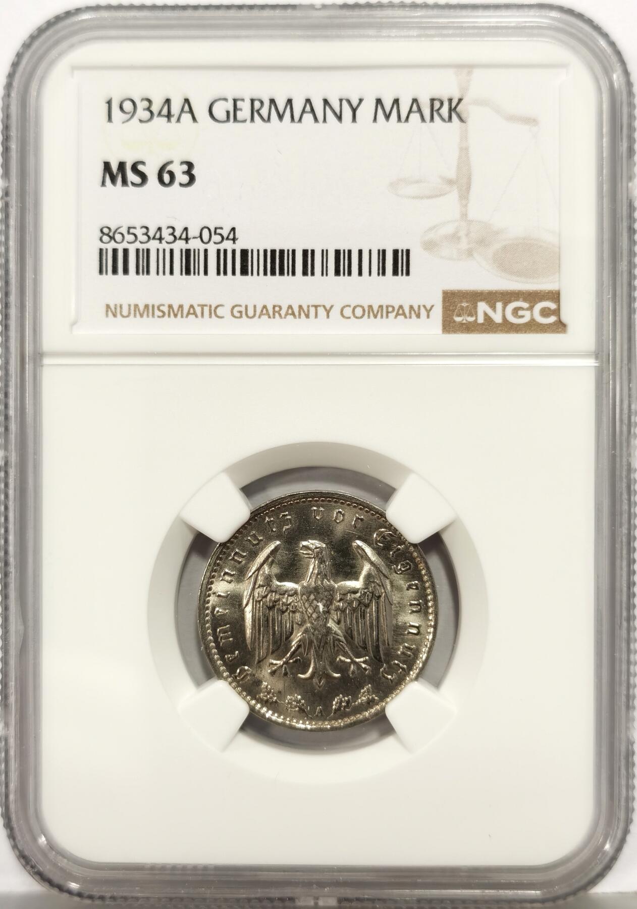 博洋堂世界钱币拍卖第168期（全场包邮） NGC MS63 德国第三帝国1934年A版1马克镍币