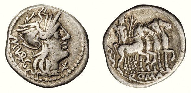 中贸圣佳2026四季・迎春拍卖会 六盈堂藏泉 钱币 证章 卡牌专场 古罗马共和时期罗马女神与胜利女神维多利亚驾四马战车一狄纳里银币 长19.4mm