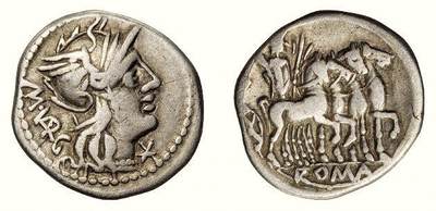中贸圣佳2026四季・迎春拍卖会 六盈堂藏泉 钱币 证章 卡牌专场 - 古罗马共和时期罗马女神与胜利女神维多利亚驾四马战车一狄纳里银币 长19.4mm