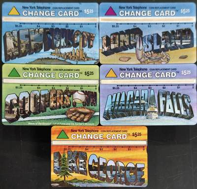 公藏第63期裸卡拍卖 美国预付费光学新卡（纽约州度假胜地景色）5全新卡，品好。湖泊，帆船，山林，度假小屋搭配黄色日落景。