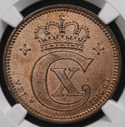 修遠堂世界钱币第111期 - NGC MS64RB 1916年丹麦5欧尔铜币 较少见年份 铸造量只有80多万枚