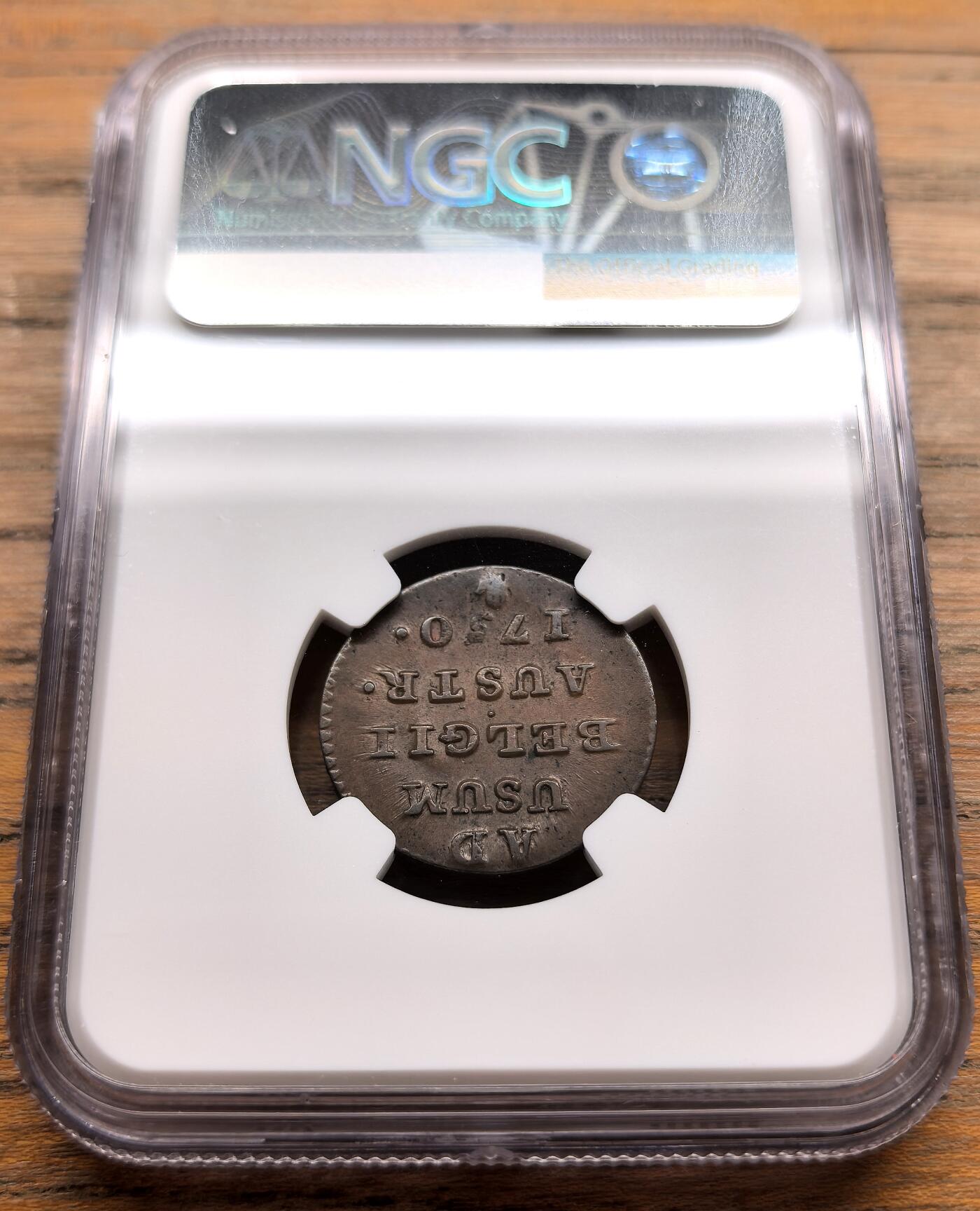 凡希社世界钱币微拍第三百二十二期 1750奥属尼德兰Liard铜币NGC-AU58，布鲁日厂版。