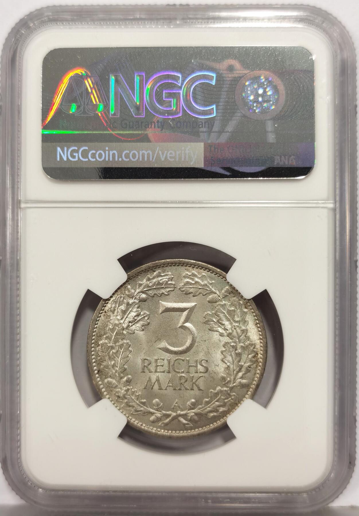 博洋堂世界钱币拍卖第168期（全场包邮） NGC MS63 德国魏玛共和国1925年D版莱茵千年3马克银币