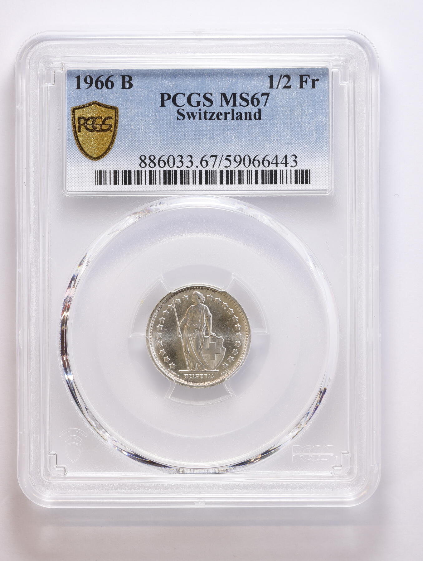 观钱 近现代机制币拍卖No.008（全场顺丰包邮，不区分偏远地区）  1966 B 瑞士 “海尔维蒂亚女神” 1/2 法郎银币 PCGS MS67   “小币高分” 热门
