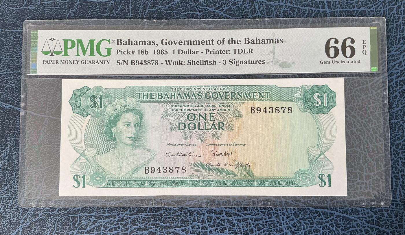 【礼羽收藏】🌏世界钱币拍卖第132期 巴哈马1元 1965年三签名政府版 PMG66