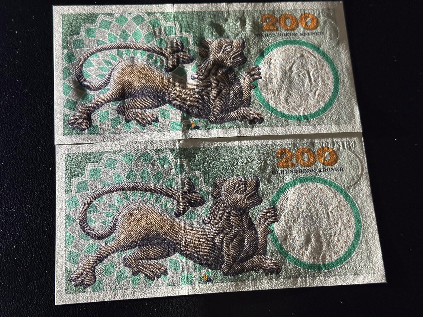 《外钞收藏家》第六百二十六期（精品场）（长期征集拍品、欢迎藏友们联系合作） 丹麦浮雕版200克朗2张不同年份不同签名（绝品可尝试送评，女歌剧家海博格）	绝品