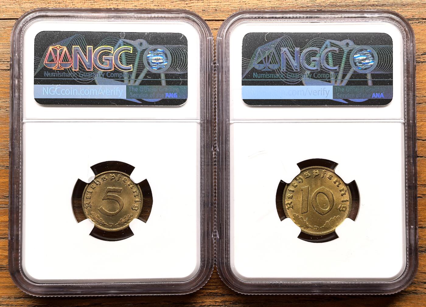 凡希社世界钱币微拍第三百二十二期 1937D德国5/10芬尼铜币一对NGC-MS64