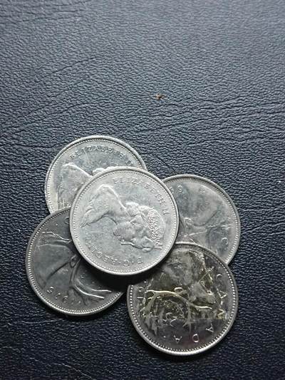 松南世界钱币——260409 - 加拿大驯鹿25分镍币5枚1