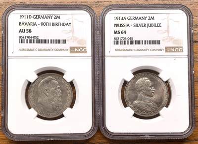 凡希社世界钱币微拍第三百二十二期 - 德国巴伐利亚普鲁士2马克银币两枚NGC
