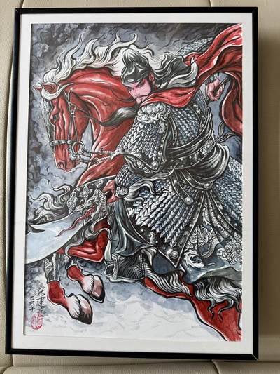 大麦马年第二场 - 张建东手绘画 关羽 已装裱 尺寸：内26.5cm*38. 8外30.5cm*44.5cm 