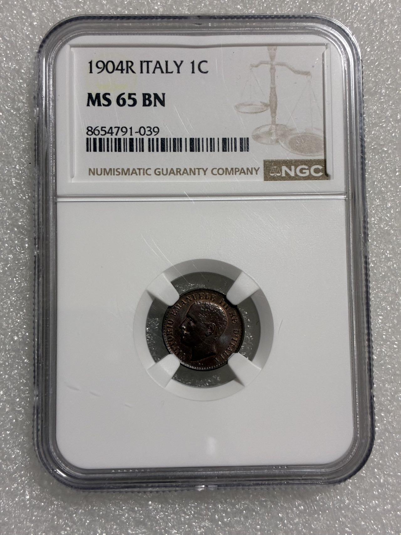 NGC MS65BN 意大利 1904年R 1分 铜币