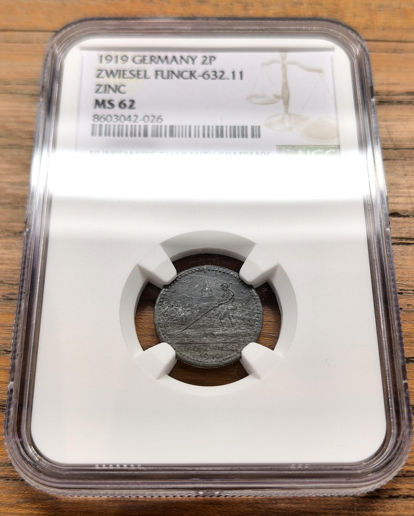 凡希社世界钱币微拍第三百二十二期 1919德紧茨维塞尔2芬尼锌币NGC-MS62