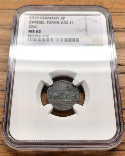凡希社世界钱币微拍第三百二十二期 - 1919德紧茨维塞尔2芬尼锌币NGC-MS62
