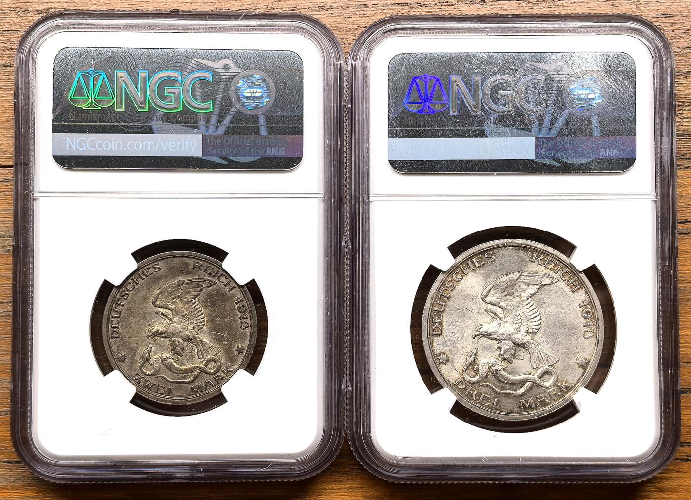 凡希社世界钱币微拍第三百二十二期 1913德国普鲁士击败拿破仑2/3马克两枚NGC-MS61/62