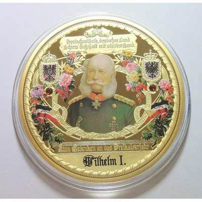 【艺术】德国艺术大章 威廉一世+三皇之年+鹰徽 高浮雕精制彩色超大镀金章70MM 120克 - 【艺术】德国艺术大章 威廉一世+三皇之年+鹰徽 高浮雕精制彩色超大镀金章70MM 120克