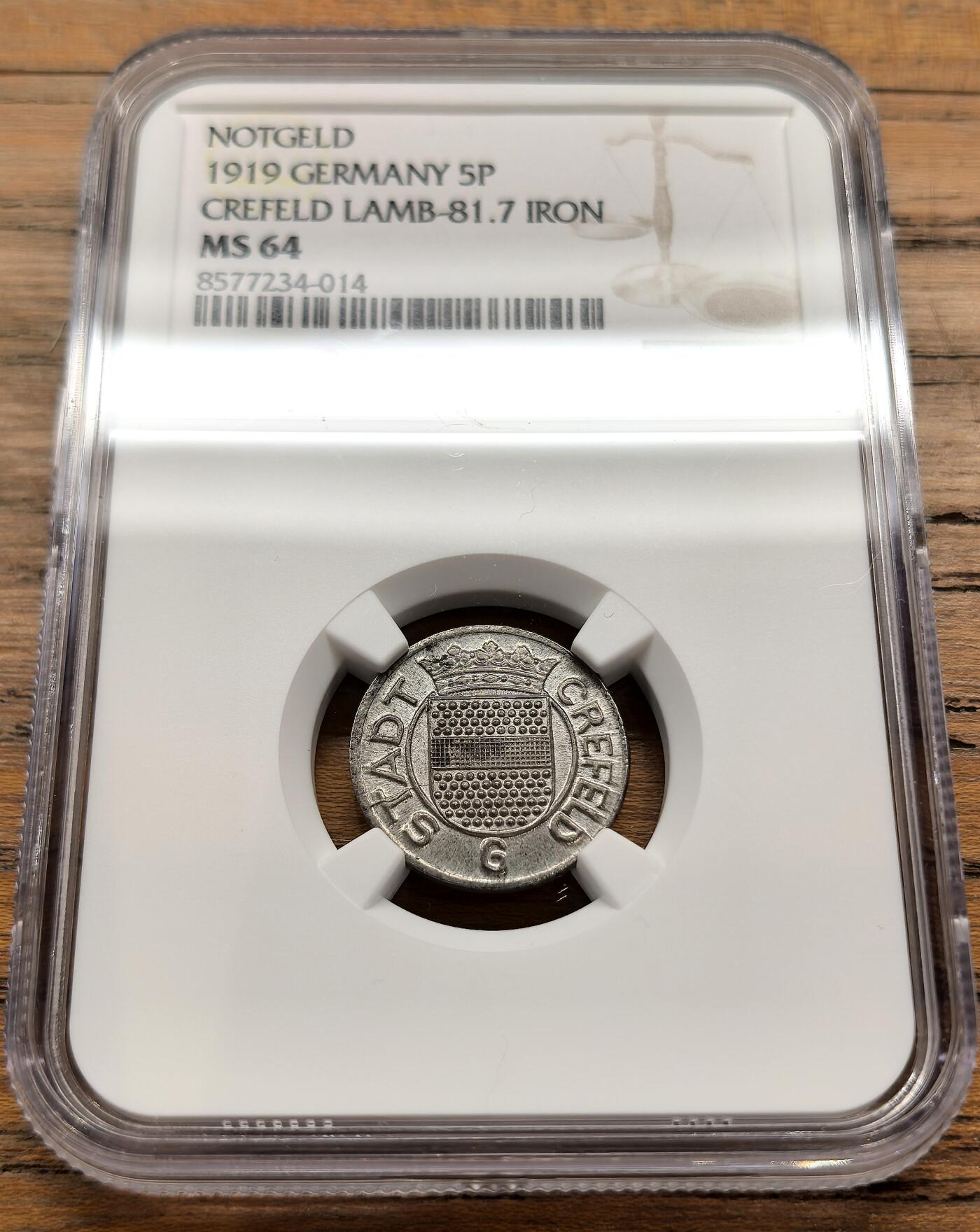 凡希社世界钱币微拍第三百二十二期 1919德紧克雷费尔德5芬尼铁币NGC-MS64，无腐蚀，原光难得，高分收藏级！