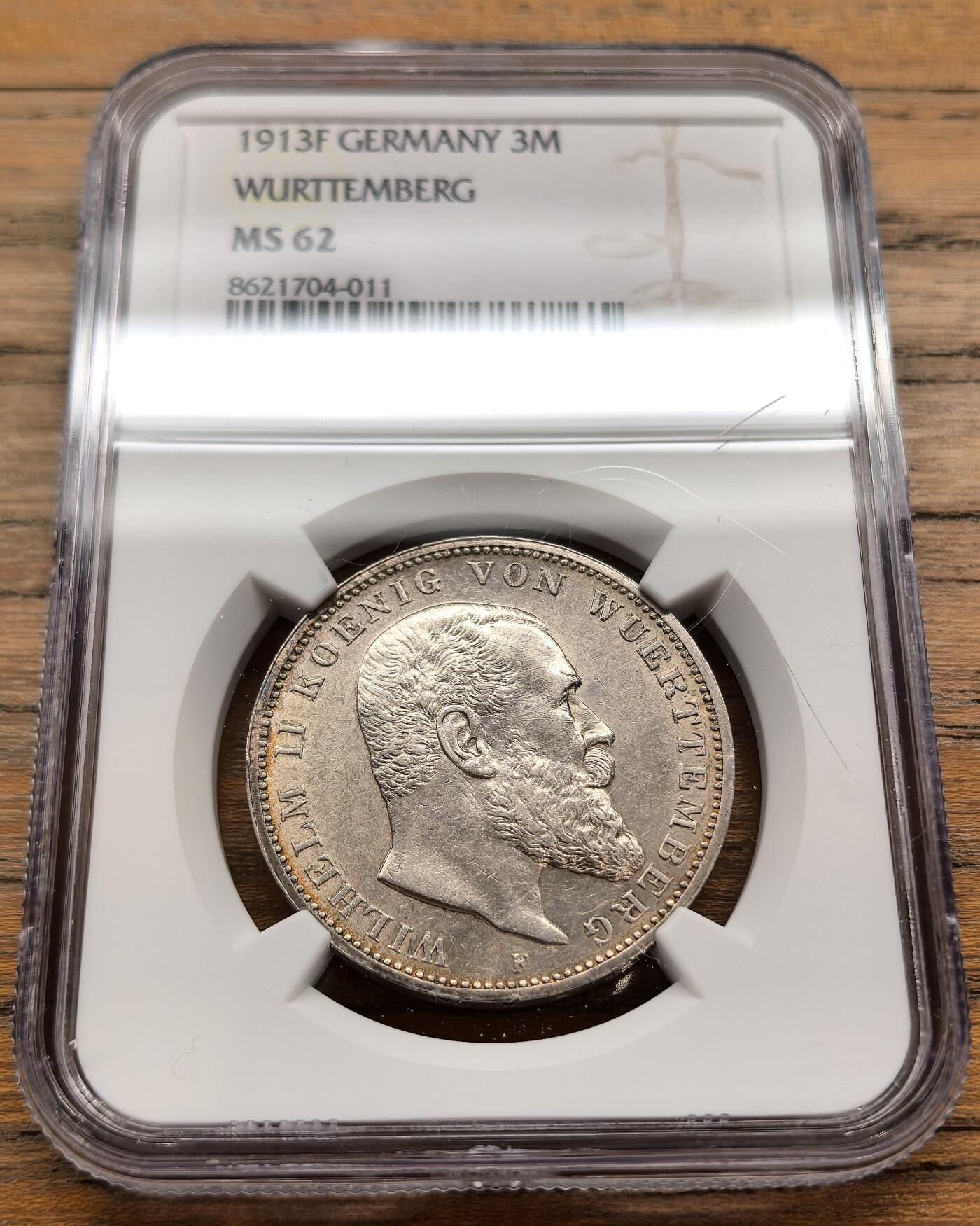 凡希社世界钱币微拍第三百二十二期 1913F德国符腾堡3马克NGC-MS62