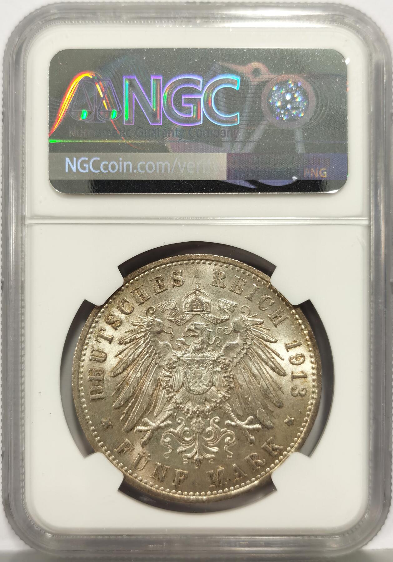 博洋堂世界钱币拍卖第168期（全场包邮） NGC MS62 德国普鲁士1913年威廉二世军装5马克银币