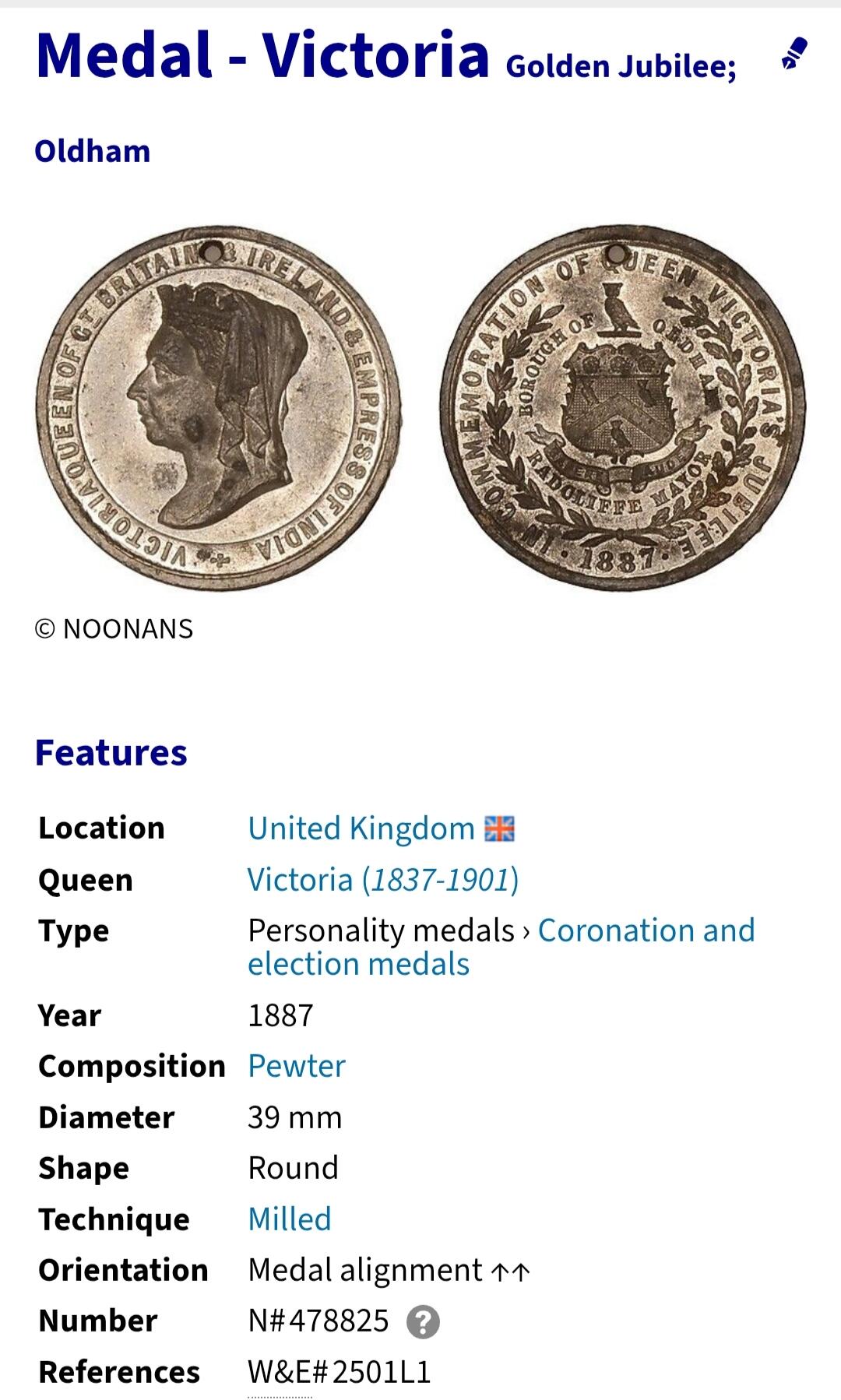 2026年第四十三场(总第二百一十二场）外国好品散币场(免佣金) 英国🇬🇧1887年奥尔德姆市版维多利亚女王登基50周年金禧纪念章，Numista 稀有度100