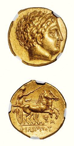 中贸圣佳2026四季・迎春拍卖会 六盈堂藏泉 钱币 证章 卡牌专场 古希腊马其顿王国阿波罗头像马车一标准重金币 直径16.6mm