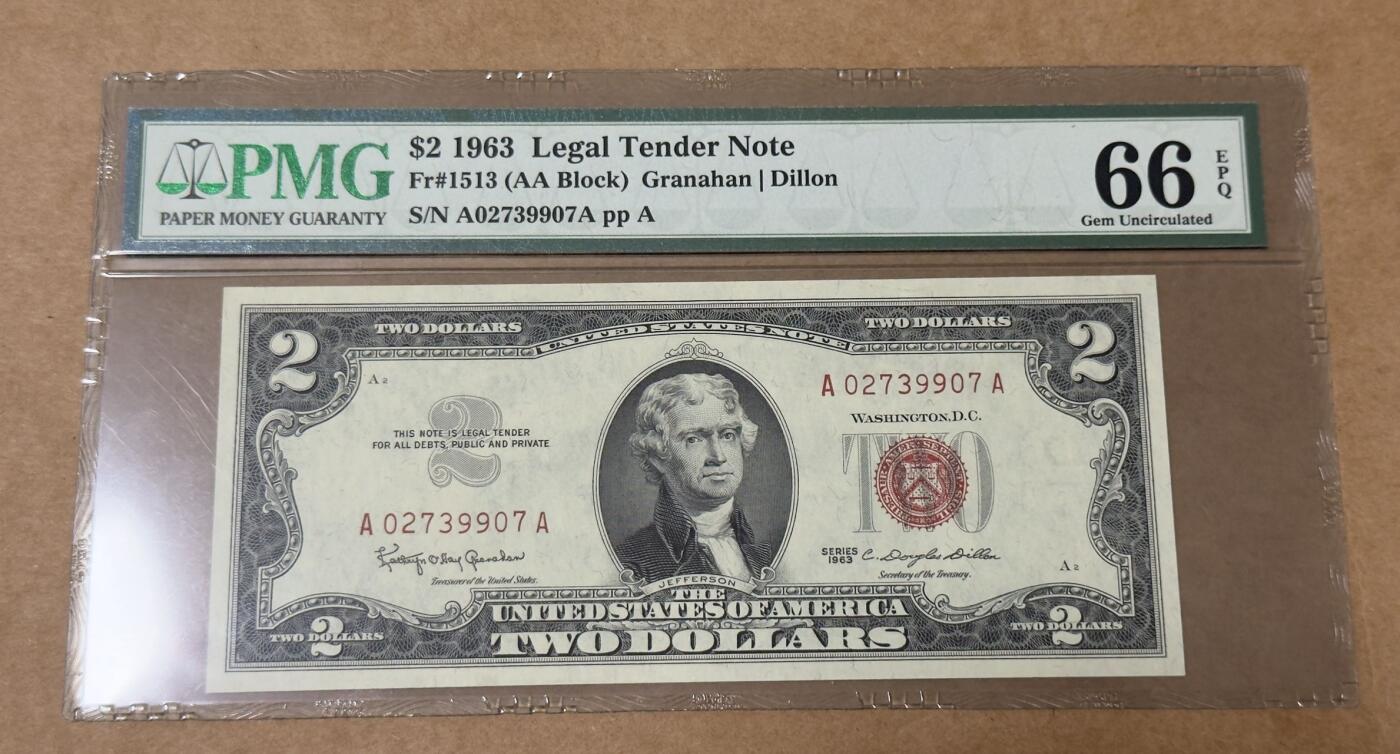 【礼羽收藏】🌏世界钱币拍卖第132期 63年红库2美元AA冠PMG66分