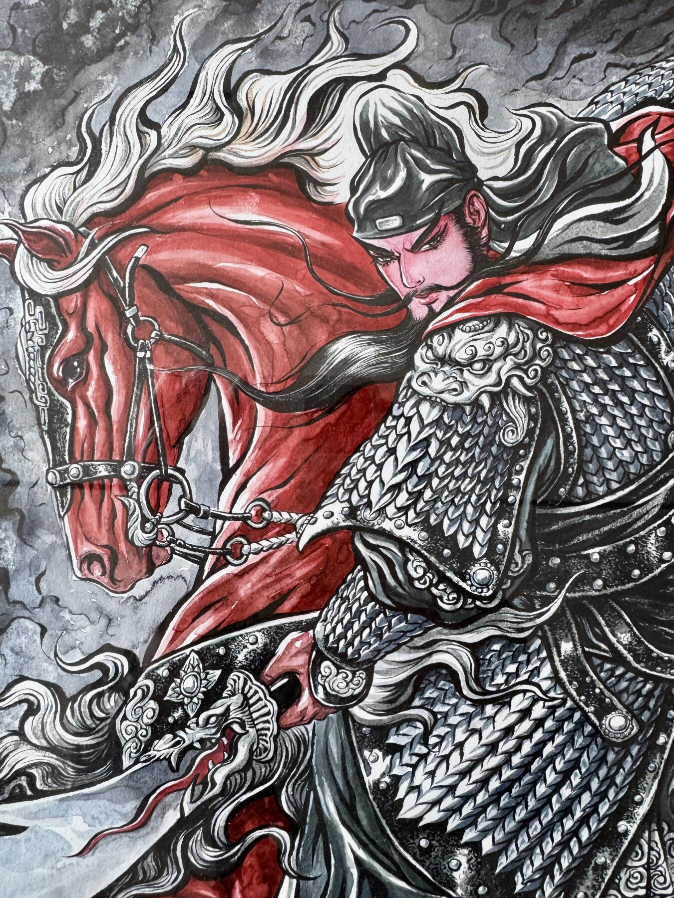 大麦马年第二场 张建东手绘画 关羽 已装裱 尺寸：内26.5cm*38. 8外30.5cm*44.5cm 