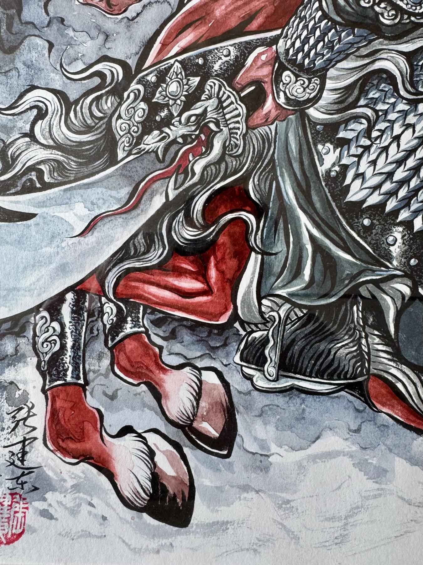 大麦马年第二场 张建东手绘画 关羽 已装裱 尺寸：内26.5cm*38. 8外30.5cm*44.5cm 