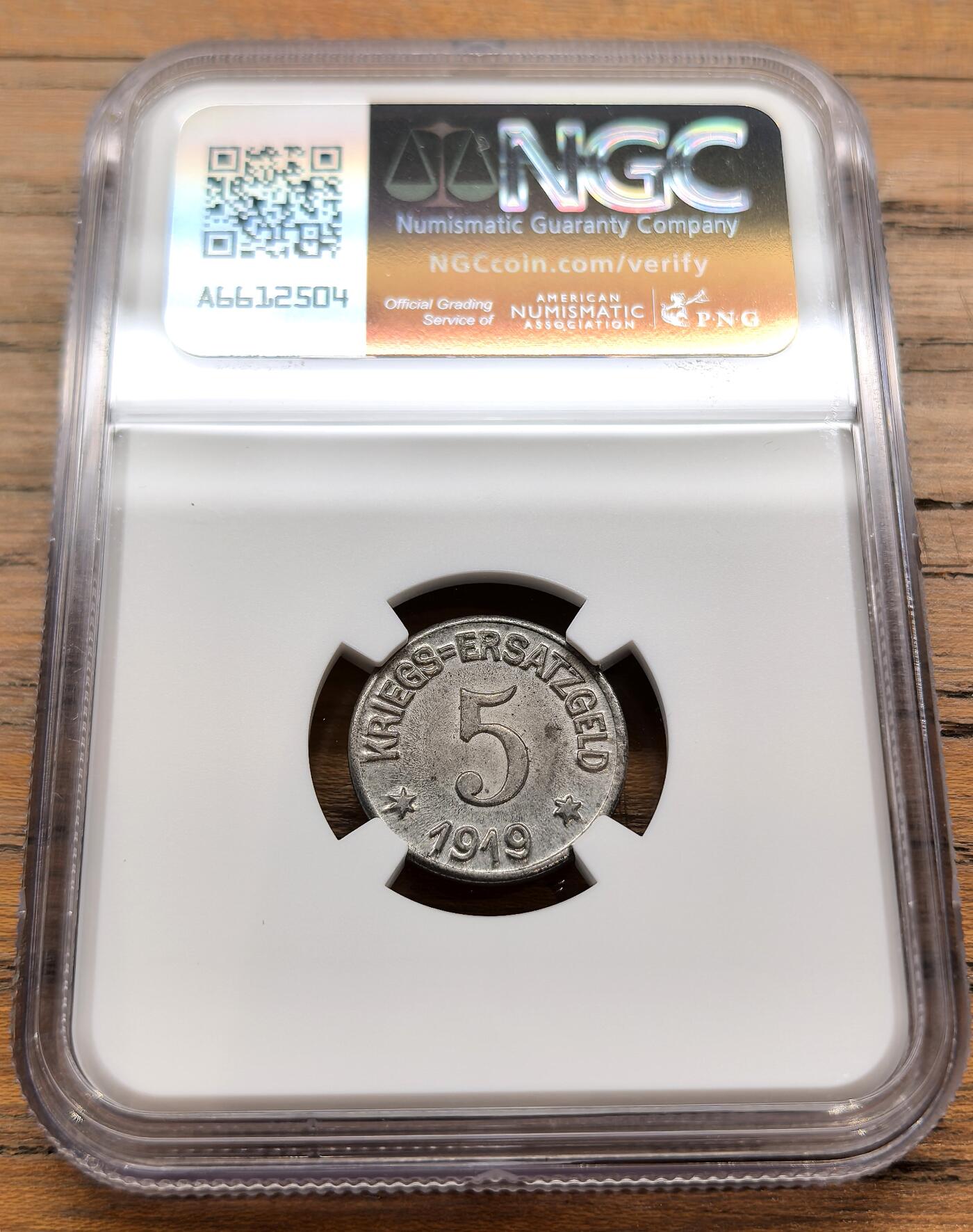 凡希社世界钱币微拍第三百二十二期 1919德紧克雷费尔德5芬尼铁币NGC-MS64，无腐蚀，原光难得，高分收藏级！