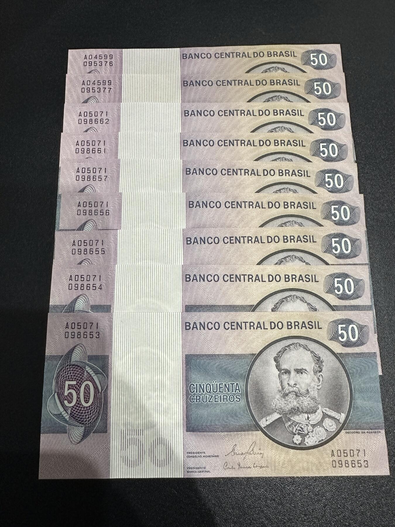 《外钞收藏家》第六百二十六期（精品场）（长期征集拍品、欢迎藏友们联系合作） 巴西1980年50克鲁塞罗九张（该品种较少，大票浮）	UNC 有几张角有轻微荧光反应