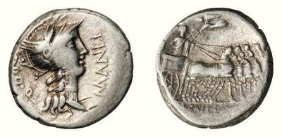 中贸圣佳2026四季・迎春拍卖会 六盈堂藏泉 钱币 证章 卡牌专场 - 古罗马共和时期罗马女神与四马战车一狄纳里银币 长17.2mm