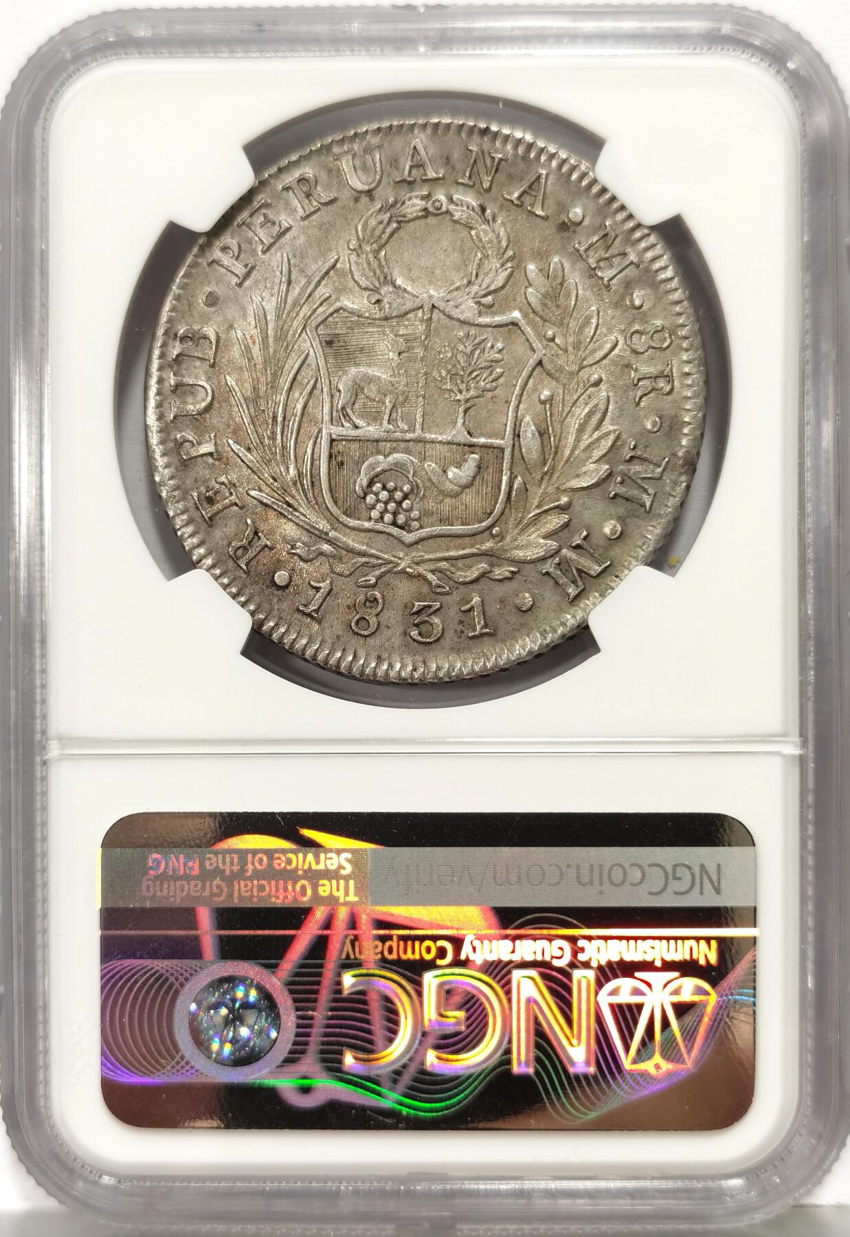 博洋堂世界钱币拍卖第168期（全场包邮） NGC MS62 秘鲁1831年站人大银币，人像面部极其清晰，可遇而不可求的状态。