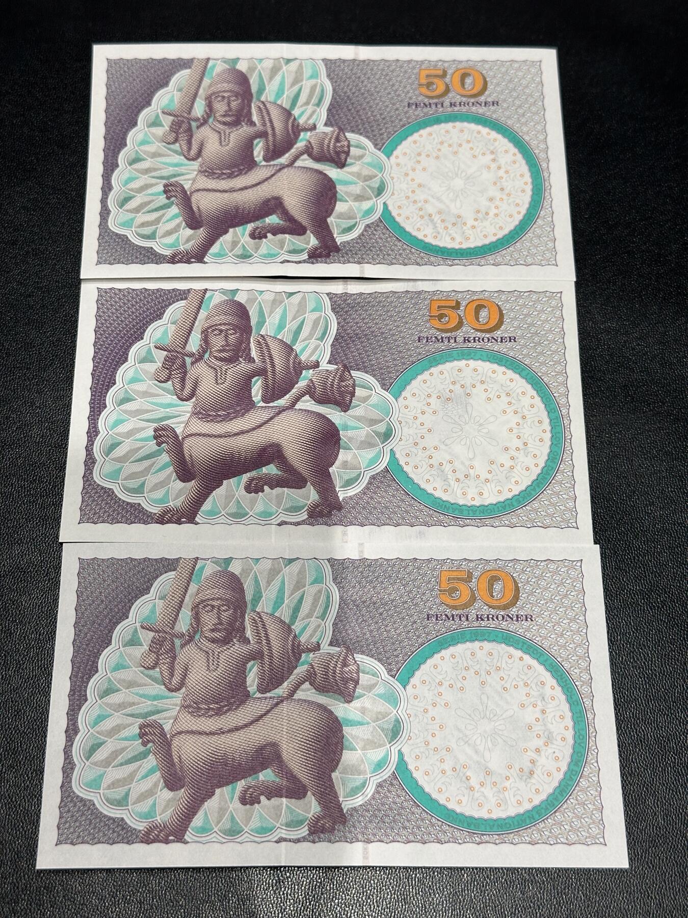 《外钞收藏家》第六百二十六期（精品场）（长期征集拍品、欢迎藏友们联系合作） 丹麦浮雕版50克朗3张不同年份不同签名（含1999年初版；绝品） 	绝品