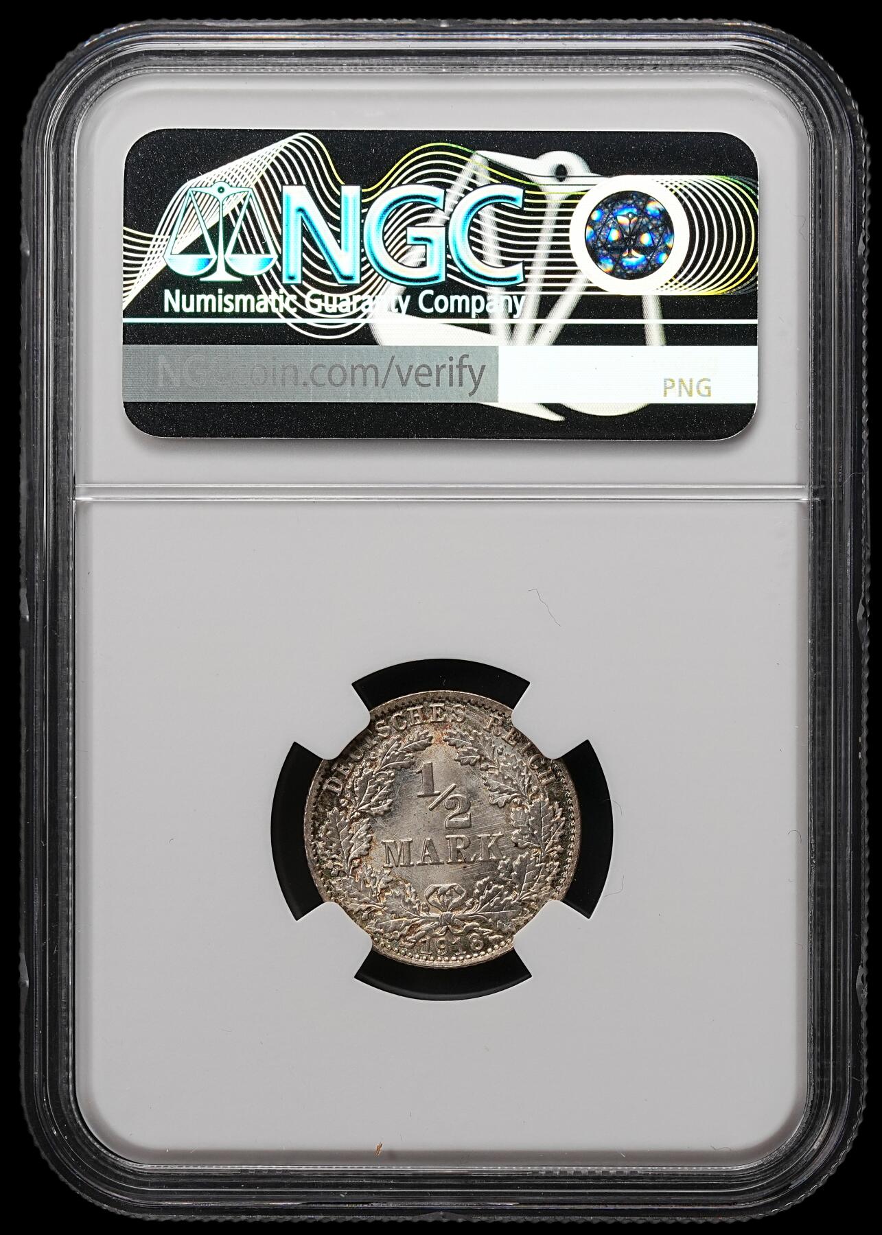修遠堂世界钱币第111期 NGC MS67 1918年德国1/2马克银币 D厂铭
