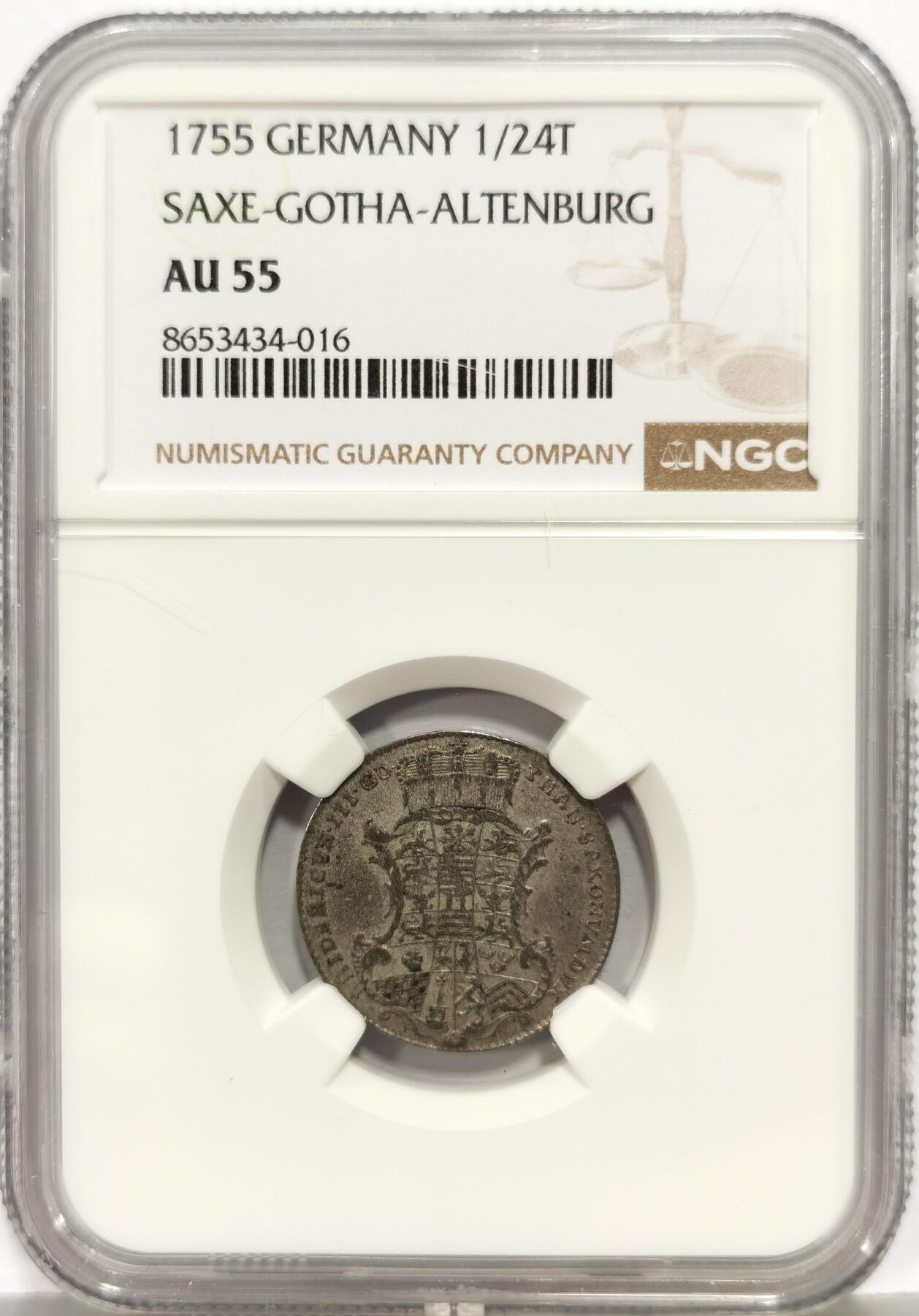 博洋堂世界钱币拍卖第168期（全场包邮） NGC AU55 德国萨克森-哥达-阿尔滕堡1755年1/24泰勒银币