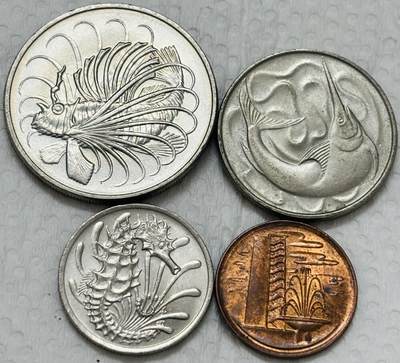 文馨钱币收藏第 299 场，长期接代拍业务 - 原光品相老版新加坡动物版 1-50 分 4 枚套