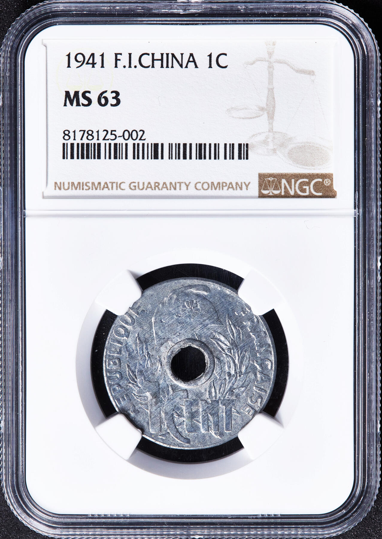 【俄甄集藏】满园春色-2026年(051)04-22星期三 晚 19:30 全场包邮 法属印度支那1941年帽圈版中孔1分锌币，NGC MS63，MS状态难得