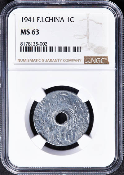 【俄甄集藏】满园春色-2026年(051)04-22星期三 晚 19:30 全场包邮 - 法属印度支那1941年帽圈版中孔1分锌币，NGC MS63，MS状态难得