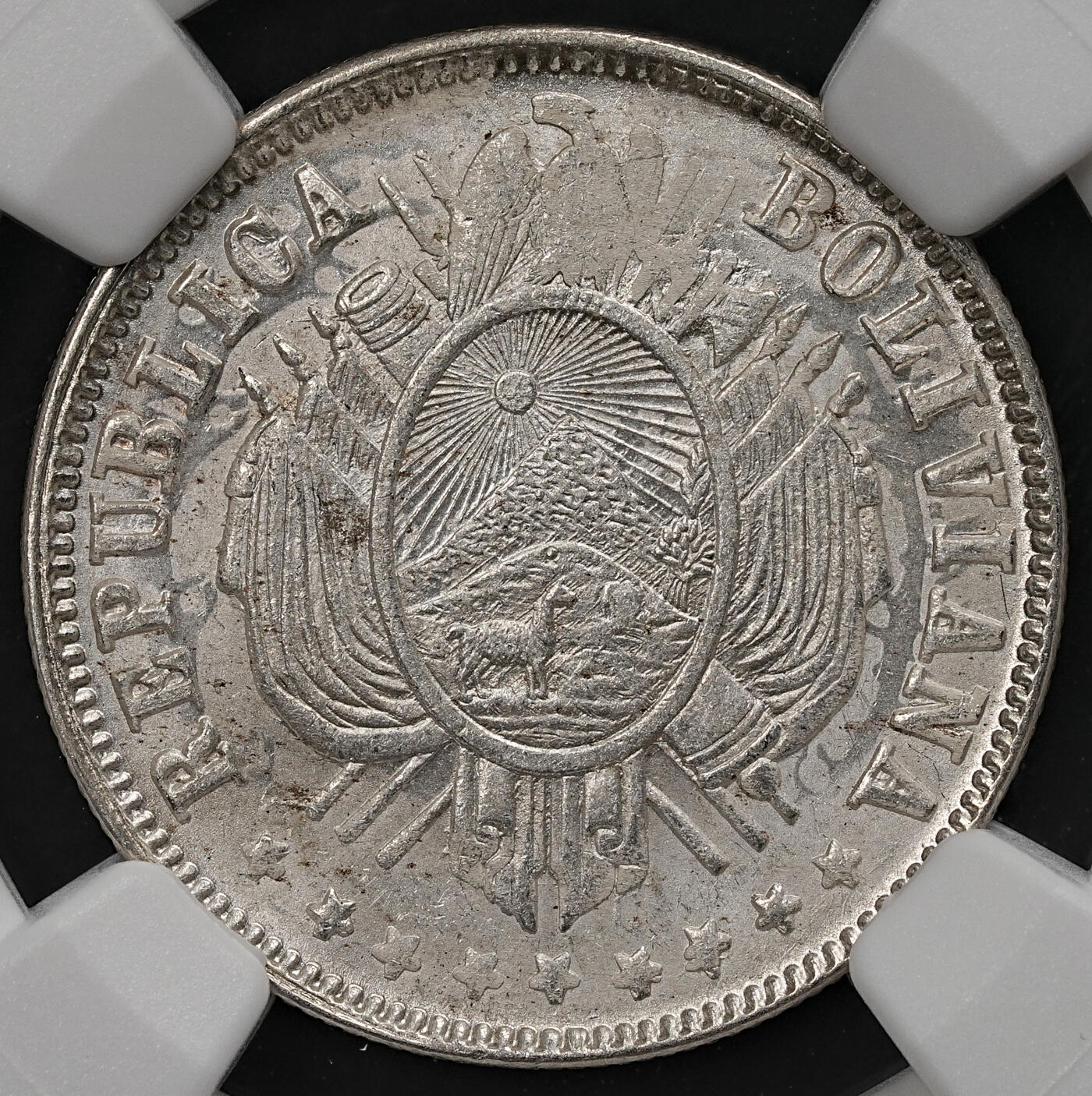 修遠堂世界钱币第111期 NGC MS64 1882年玻利维亚20分银币 少见状态 外网成交价150美金以上