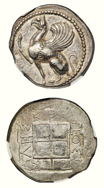 中贸圣佳2026四季・迎春拍卖会 六盈堂藏泉 钱币 证章 卡牌专场 古希腊色雷斯地区阿布德拉城邦神兽格里芬四德拉克马银币 直径25.1mm