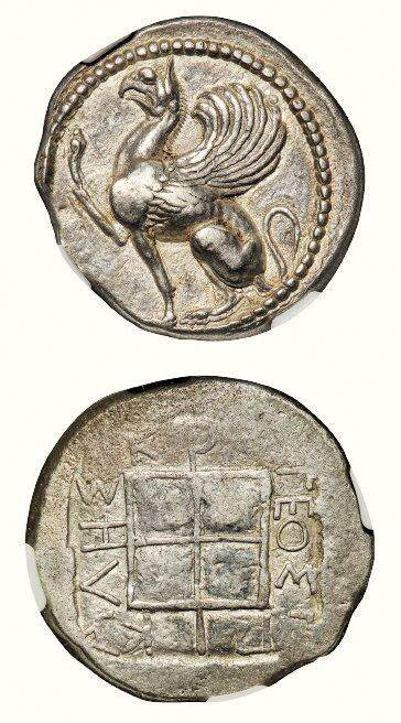 中贸圣佳2026四季・迎春拍卖会 六盈堂藏泉 钱币 证章 卡牌专场 - 古希腊色雷斯地区阿布德拉城邦神兽格里芬四德拉克马银币 直径25.1mm