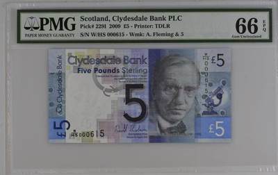 【礼羽收藏】🌏世界钱币拍卖第132期 - 2009年苏格兰克莱斯戴尔银行5镑，PMG66分，WHS首发冠百位小号无2347