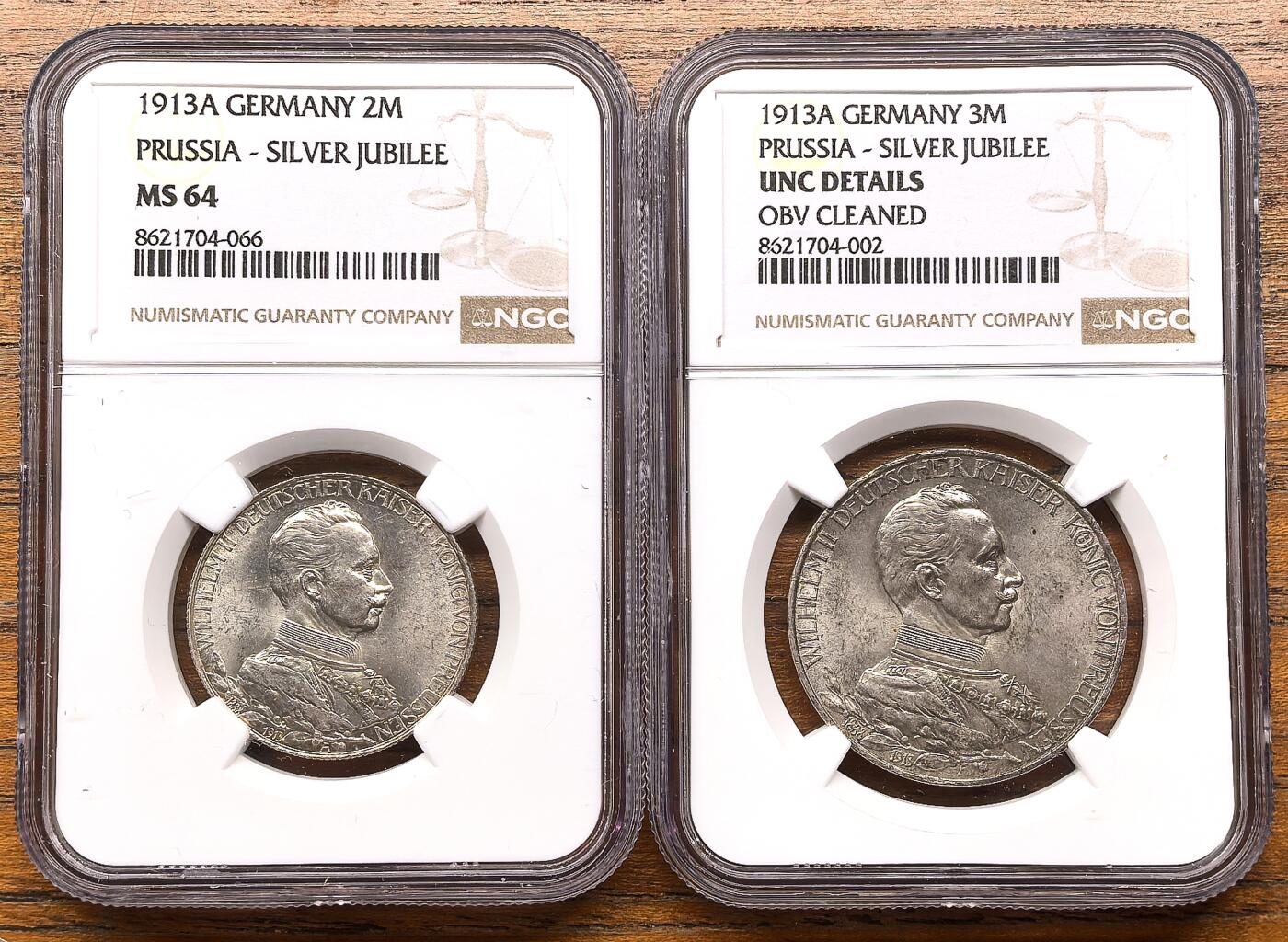 凡希社世界钱币微拍第三百二十二期 1913A德国普鲁士加冕纪念2/3马克两枚NGC