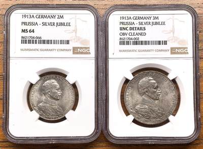 凡希社世界钱币微拍第三百二十二期 - 1913A德国普鲁士加冕纪念2/3马克两枚NGC