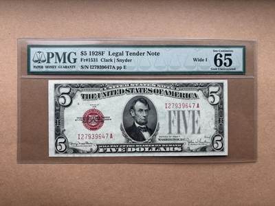 【礼羽收藏】🌏世界钱币拍卖第132期 - 1928F版 5美 稀少红色 政府券 PMG65E 稀少宽版Wide
