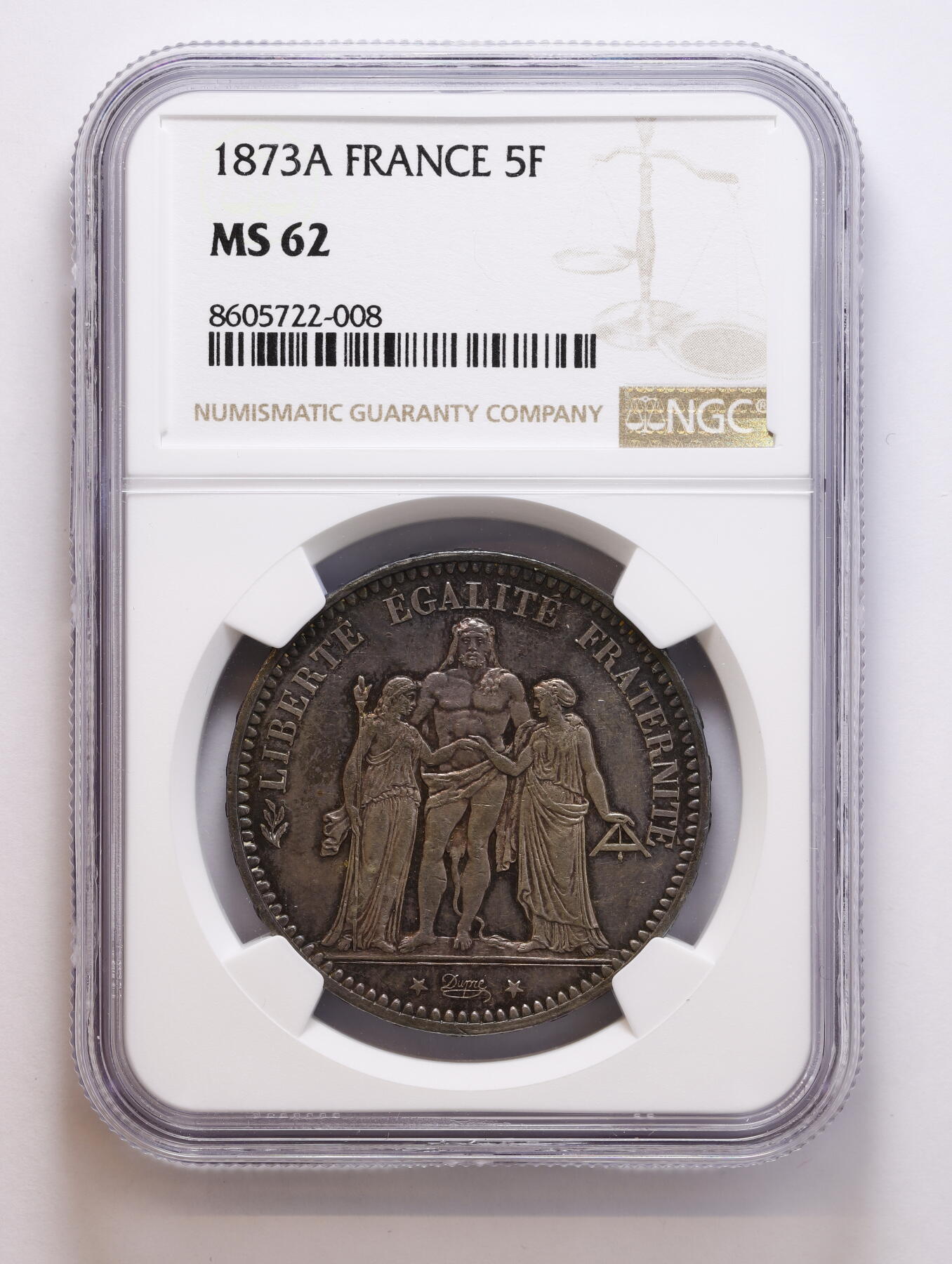 观钱 近现代机制币拍卖No.008（全场顺丰包邮，不区分偏远地区）  1873A 法国第三共和国 5 法郎大力神银币 NGC MS62