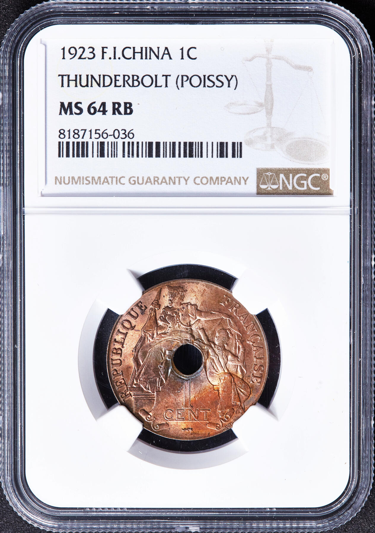 【俄甄集藏】满园春色-2026年(051)04-22星期三 晚 19:30 全场包邮 法属印度支那1923年A版中孔百分之一（1分）铜币，NGC MS64RB，原铜光转光，少见法国普瓦西造币厂版
