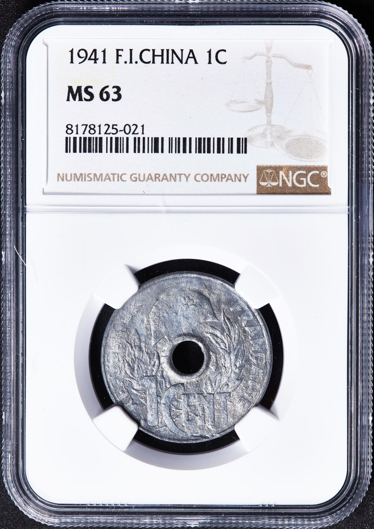 【俄甄集藏】满园春色-2026年(051)04-22星期三 晚 19:30 全场包邮 法属印度支那1941年帽圈版中孔1分锌币，NGC MS63，MS状态难得