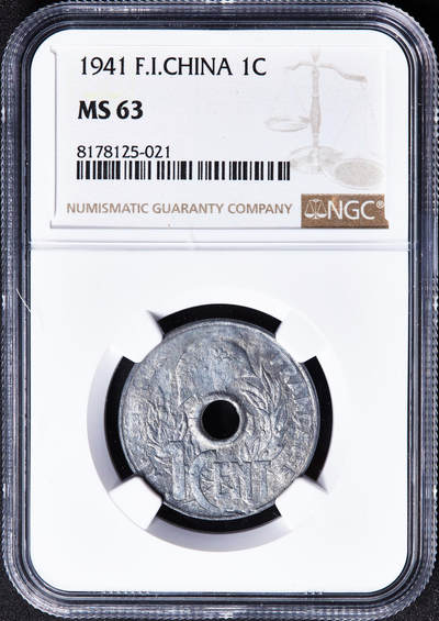 【俄甄集藏】满园春色-2026年(051)04-22星期三 晚 19:30 全场包邮 - 法属印度支那1941年帽圈版中孔1分锌币，NGC MS63，MS状态难得