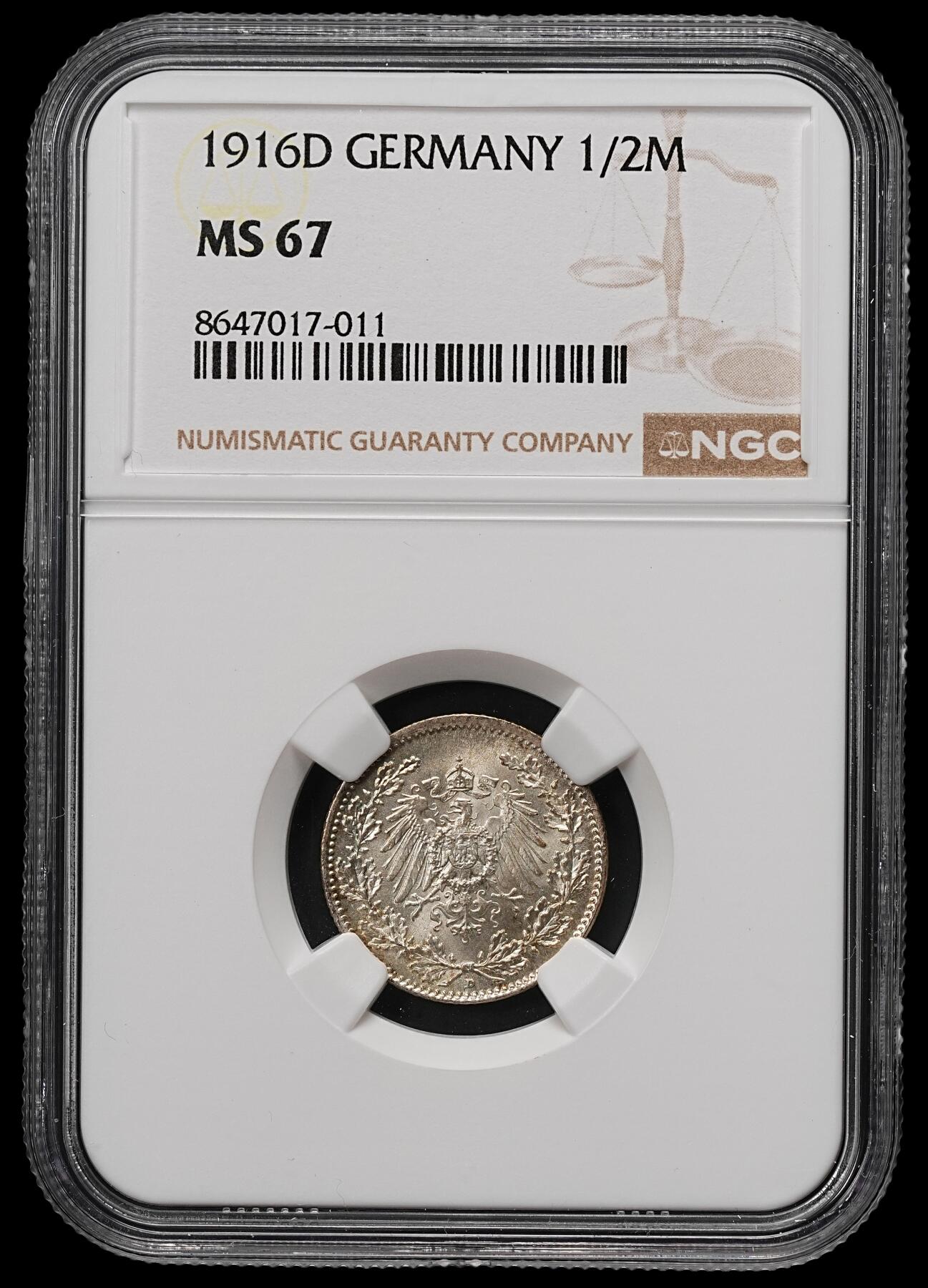 修遠堂世界钱币第111期 NGC MS67 1916年德国1/2马克银币 D厂铭